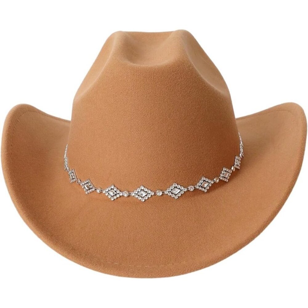 Verdusa Women Brown 100% Polyester Rhinestone Diamond Chain Band Cowboy Felt Hat